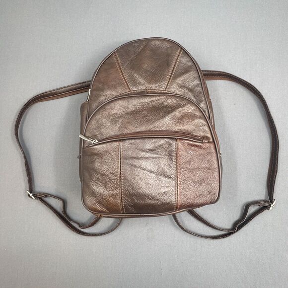 VTG 90s Pebbled Leather Patchwork Backpack Bag Womens Purse Brown Adjustable - Picture 7 of 16